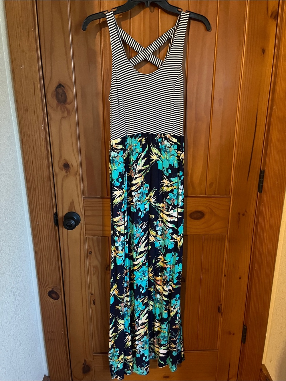 Striped Top Floral Maxi Dress in Navy and Teal